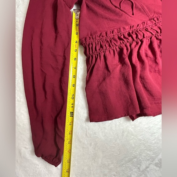 LOFT Burgundy Ruffle Trim Long Sleeve Slit Neck With Tie Blouse. Size XS - Picture 8 of 8